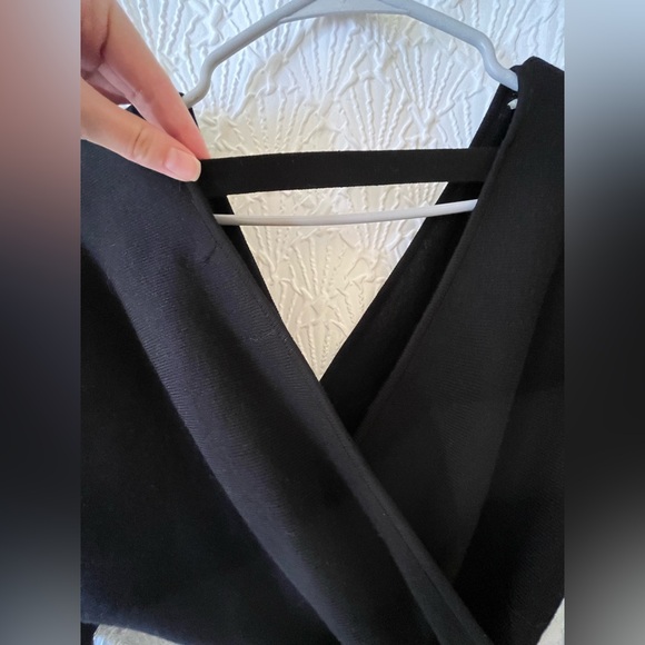 Fitted Black Knit Faux Wrap Dress w/ Waist Tie and Side Slits - Picture 3 of 4